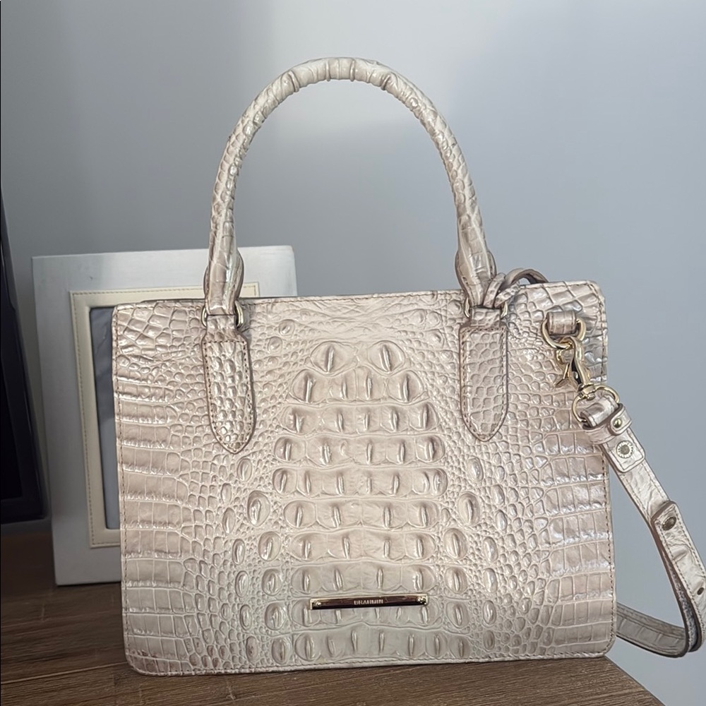 Brahmin Ivory Croc-Embossed Satchel
